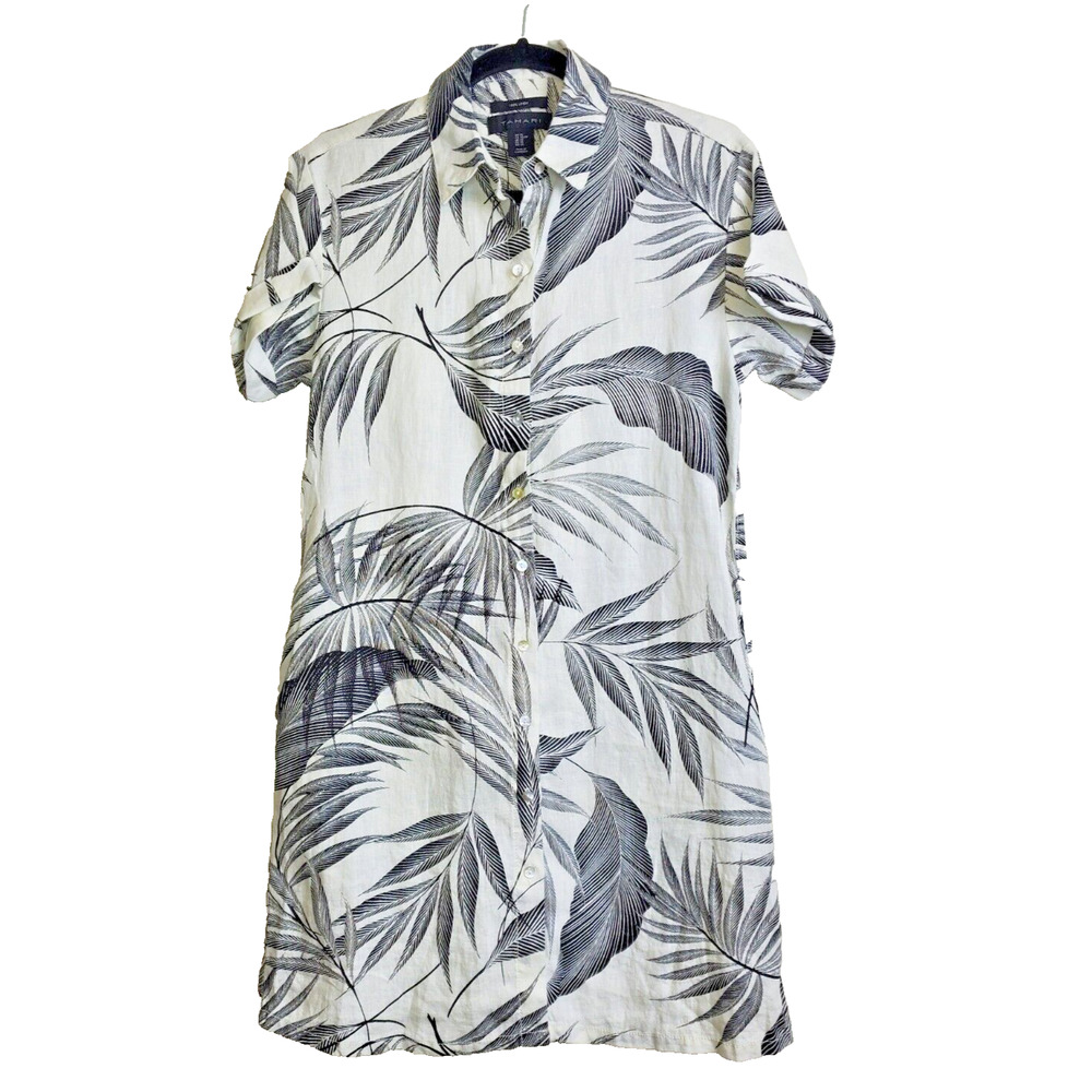 Tahari 100% Linen Xs Shirt Dress Pockets Button Down Bohemian Beach Palm Print